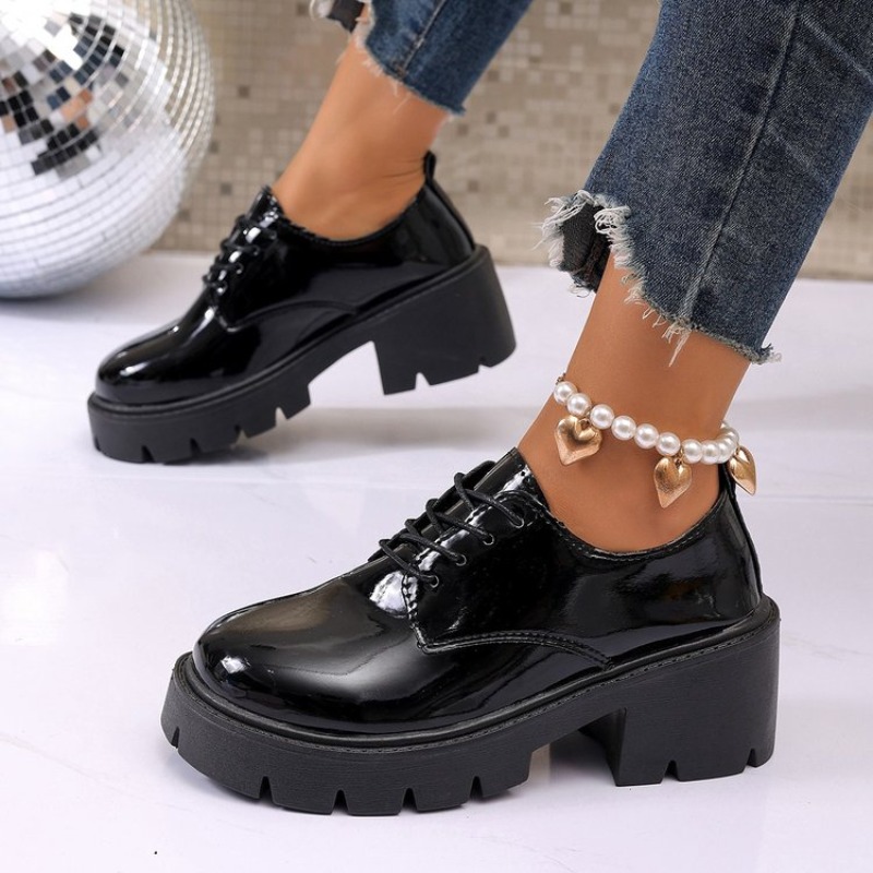 Oxford Lace Up Women - Nouvelles Chaussures Plates à Plateforme Noires